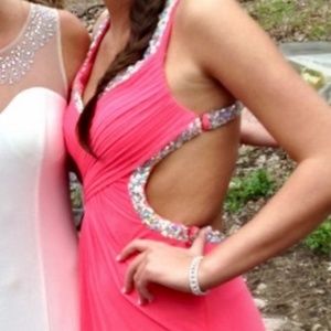 LaFemme pink prom dress, size 2. Open back, jewels